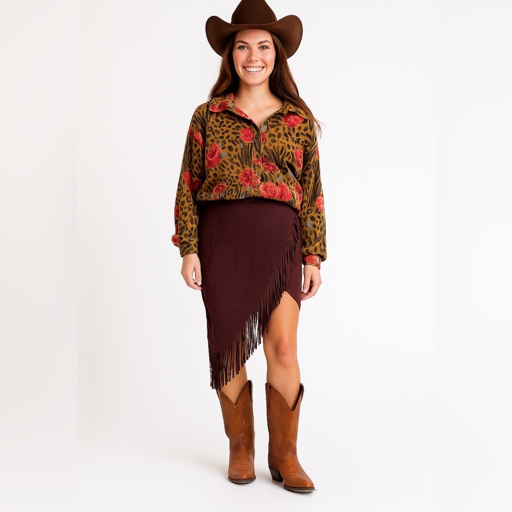 Plum Suede Like Western Fringe Asymmetrical Skirt by Express- Size 2=26in